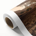 Desert landscape wall art on rolled canvas, showcasing warm earthy tones and intricate details, perfect for home decor, packaged securely in a cardboard tube.