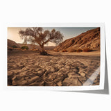 Desert landscape wall art print showcasing vibrant orange and beige hues, featuring abstract mountain silhouettes and a serene sky, rolled for easy display.