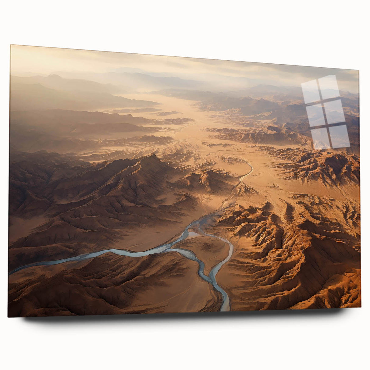 Acrylic glass wall art featuring a stunning desert landscape design in warm tones of orange and yellow, displayed side view without pins, perfect for modern decor.
