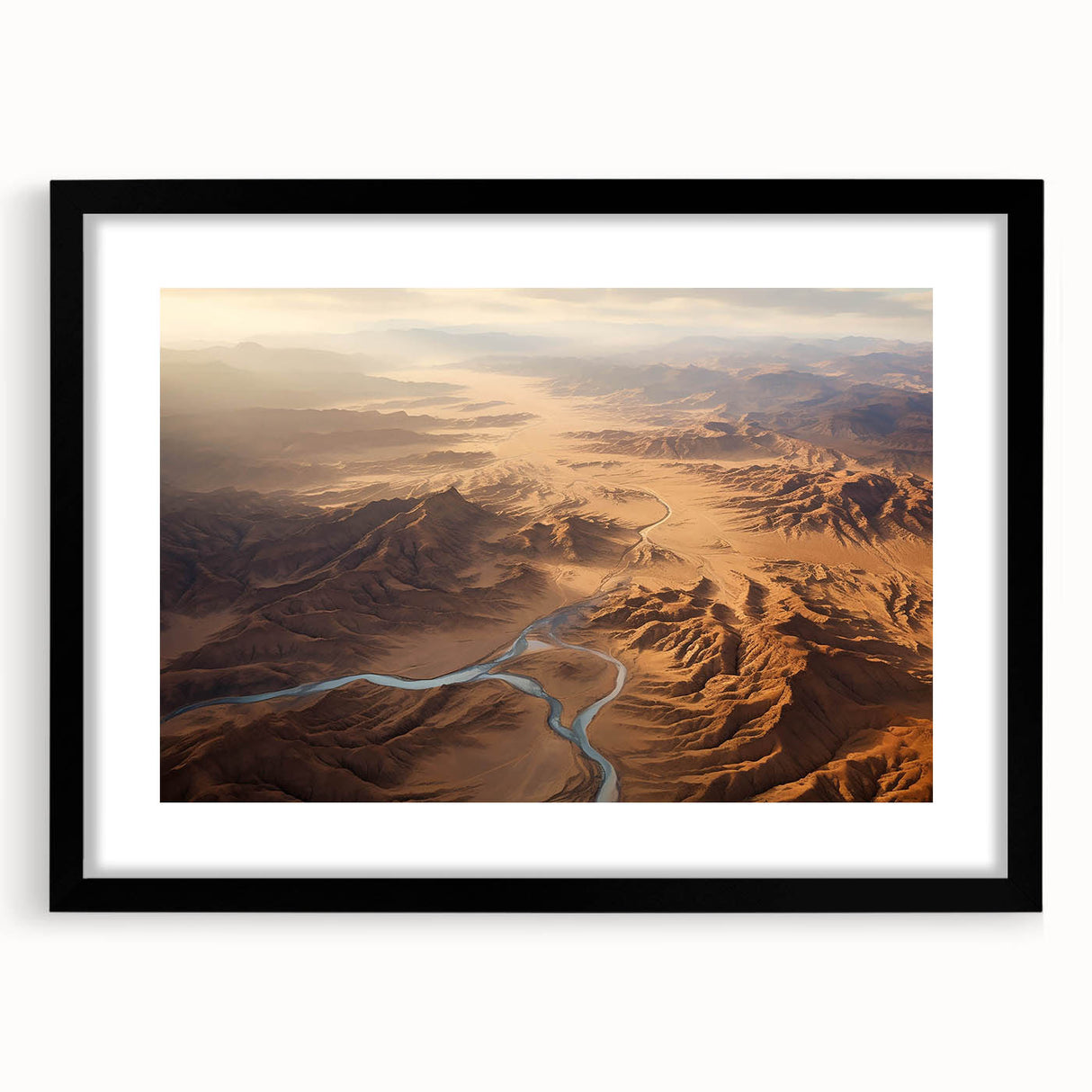 Framed black wall art showcasing a stunning desert landscape design, featuring warm tones of orange and brown. Perfect for modern home decor and art enthusiasts.