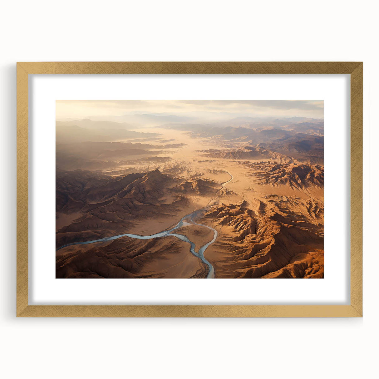 Framed wall art showcasing a desert landscape design, featuring golden accents and a mat border, ideal for modern home decor, enhancing interior aesthetics.