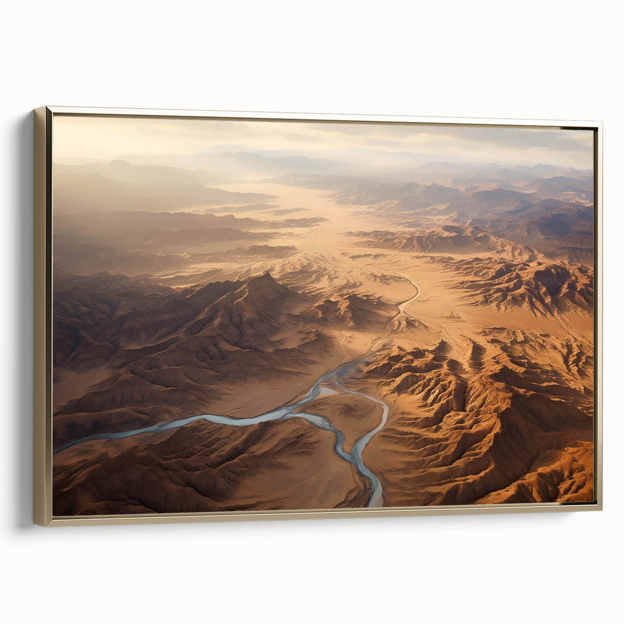Framed canvas wall art showcasing a vibrant desert landscape design with gold accents, elegantly displayed from the side, ideal for modern home decor.