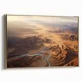 Framed canvas wall art showcasing a vibrant desert landscape design with gold accents, elegantly displayed from the side, ideal for modern home decor.