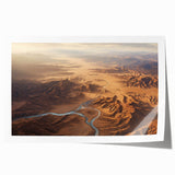 Desert landscape wall art print showcasing vibrant hues of orange and red, featuring rolling sand dunes under a clear blue sky, ideal for modern home decor.