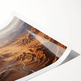 Vibrant desert landscape wall art print showcasing warm hues of orange and red, rolled and ready for display, ideal for home decor enthusiasts seeking a bold statement piece.