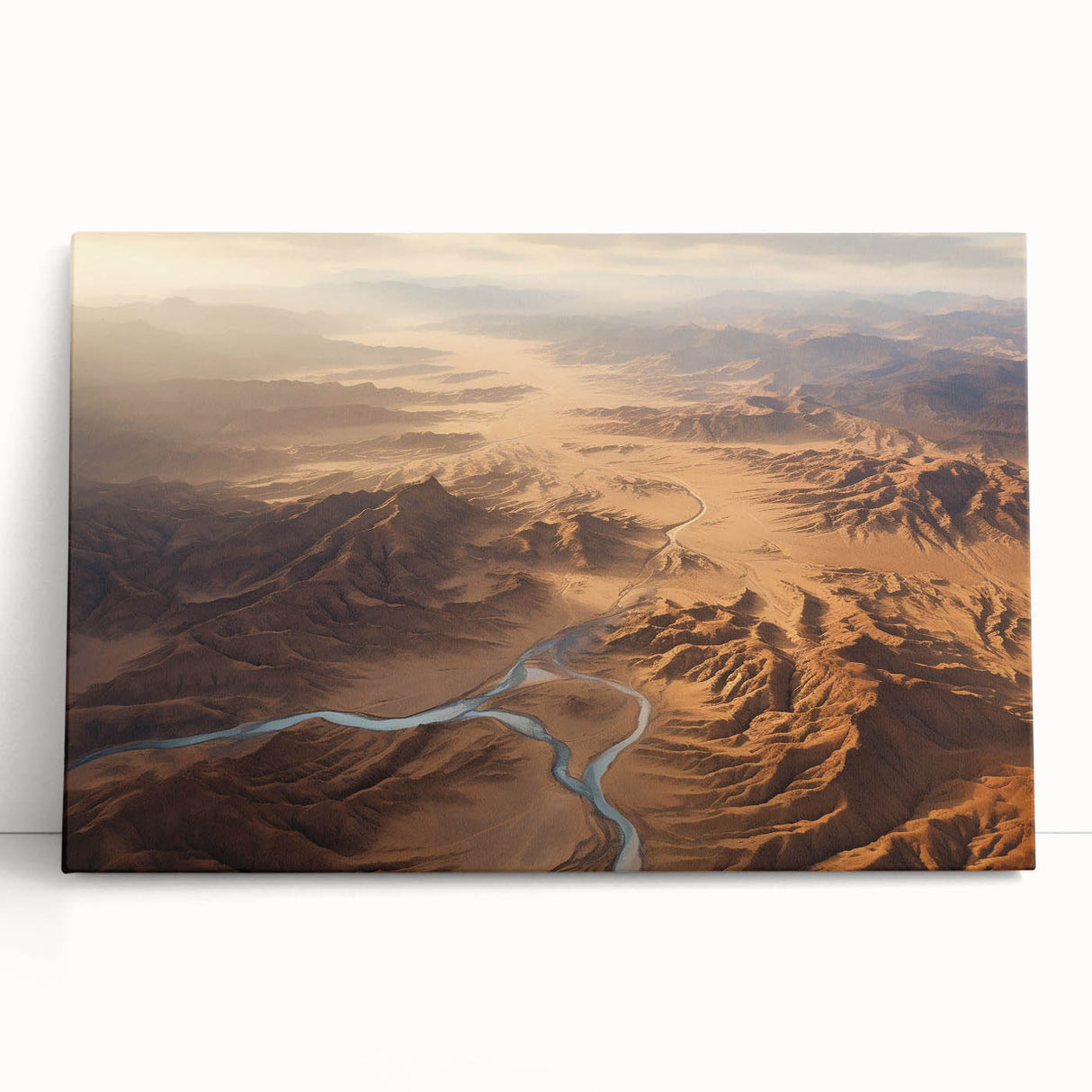 Desert landscape wall art collection on stretched canvas, showcasing vibrant colors and intricate details, elegantly leaning against a light-colored wall.