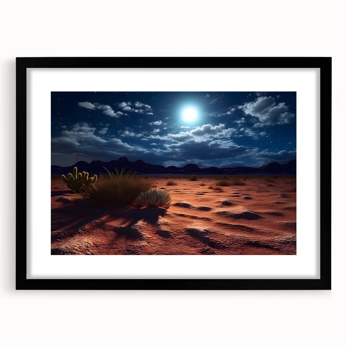 Framed wall art featuring a desert landscape design in earthy tones, set in a sleek black frame with a mat, perfect for enhancing modern decor.