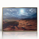 Framed acrylic wall art showcasing a stunning desert landscape design with gold accents, ideal for modern home decor, enhancing any living space ambiance.
