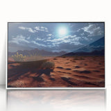 Framed acrylic wall art featuring a stunning desert landscape design with vibrant hues of orange and blue, displayed against a sleek white frame for modern decor.