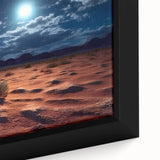 Close-up of a framed canvas wall art piece depicting a vibrant desert landscape, showcasing warm tones of orange and yellow with intricate textures, perfect for home decor.