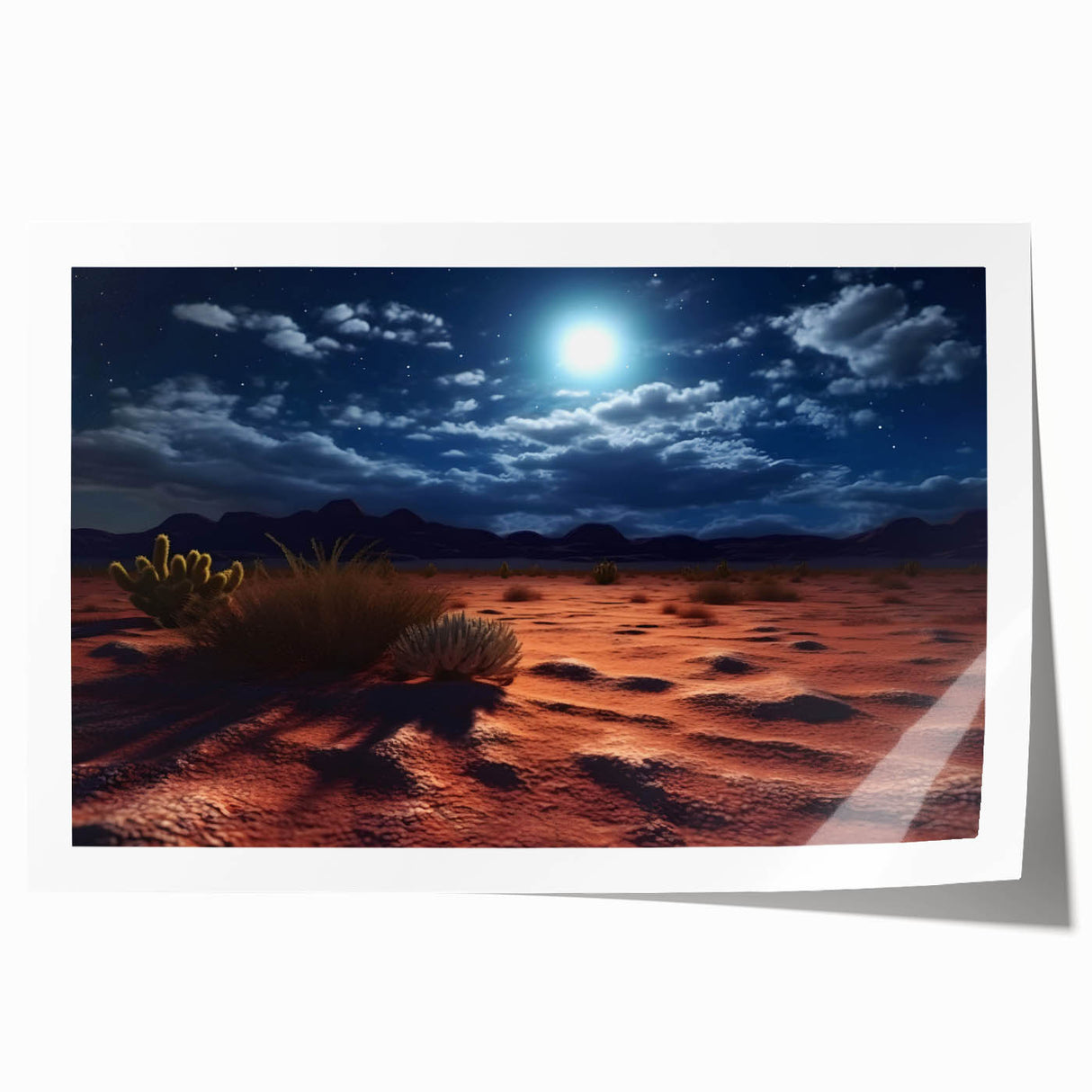 Desert landscape wall art print showcasing vibrant hues of orange, red, and yellow, rolled and ready for display. Ideal for modern home decor.