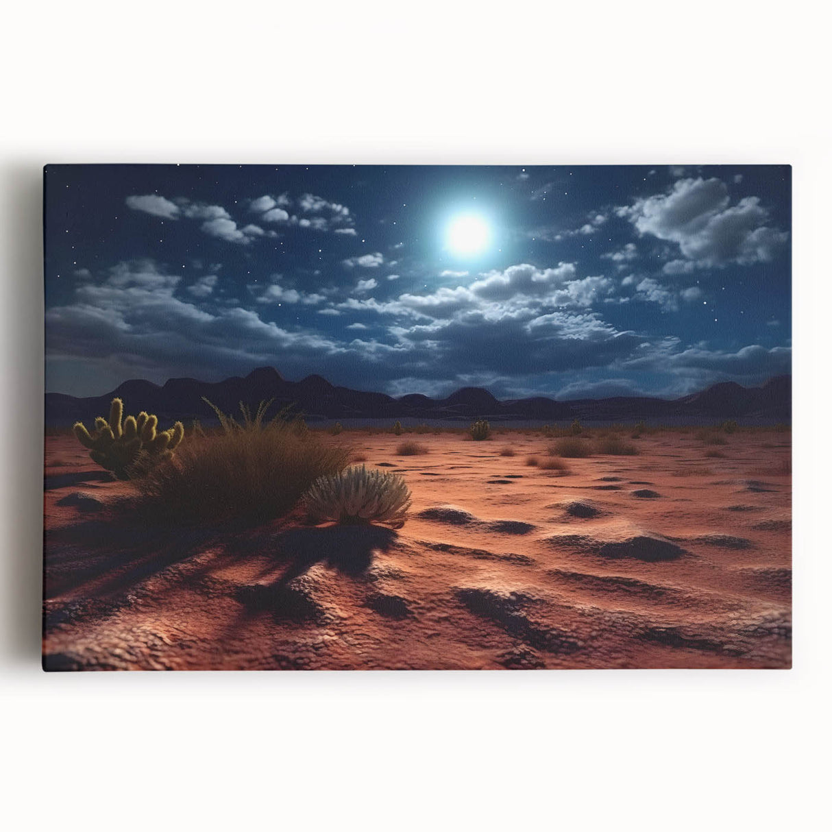 Stretched canvas artwork showcasing a stunning desert landscape design with vibrant colors and intricate details, perfect for home decor or gallery display.