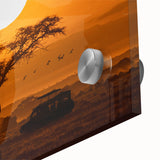 Close-up of a vibrant desert landscape wall art piece featuring warm tones of orange and yellow, expertly printed on acrylic glass, ideal for modern decor.