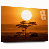 Acrylic glass wall art showcasing a vibrant desert landscape design, featuring warm hues of orange and yellow, elegantly displayed from a side view, ideal for modern home decor.