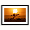 Framed desert landscape wall art collection showcasing warm hues of orange and yellow, set in a sleek black frame with a white mat, ideal for modern decor.