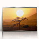 Framed wall art depicting a stunning desert landscape design, featuring soft beige and warm orange hues, encased in an elegant silver frame, perfect for home decor.