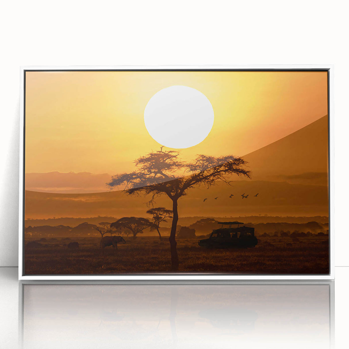 Framed wall art showcasing a desert landscape design with vibrant colors and intricate details, presented in a sleek white frame, ideal for modern home decor.