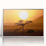 Framed wall art showcasing a desert landscape design with vibrant colors and intricate details, presented in a sleek white frame, ideal for modern home decor.