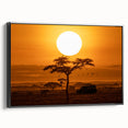 Framed canvas wall art showcasing a vibrant desert landscape design, featuring warm tones of orange and yellow, with a sleek black frame enhancing its modern aesthetic. Perfect for home decor.
