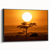 Framed canvas wall art showcasing a vibrant desert landscape design, featuring warm tones of orange and yellow, with a sleek black frame enhancing its modern aesthetic. Perfect for home decor.