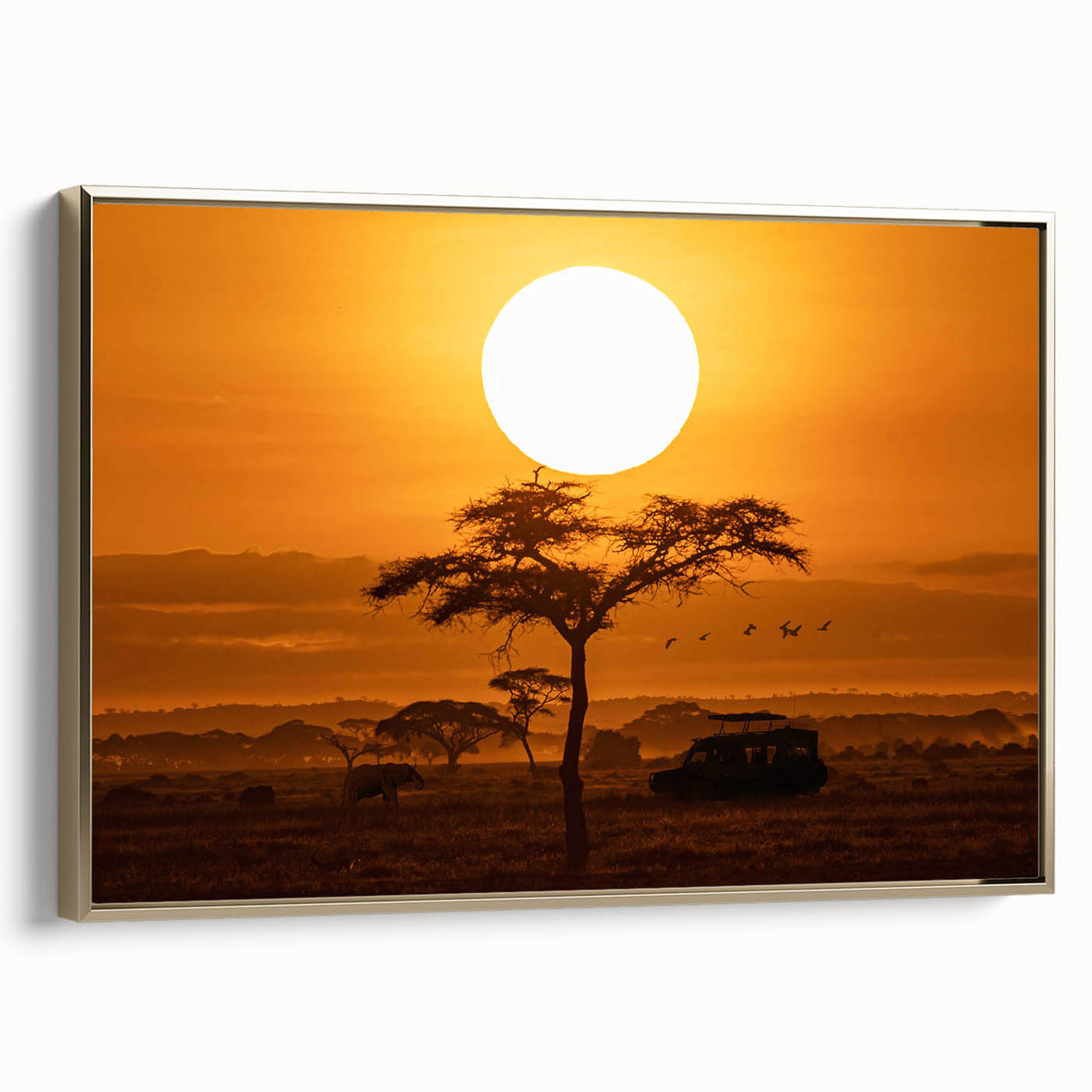 Framed canvas wall art showcasing a desert landscape design with warm gold accents, elegantly displayed in a side view, perfect for home decor enhancement.