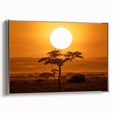 Framed canvas wall art showcasing a minimalist desert landscape design with silver accents, perfect for modern home decor, highlighting warm earthy tones.