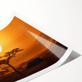 Desert landscape wall art print showcasing vibrant, sunlit dunes and a clear blue sky, rolled and ready for framing, ideal for modern home decor.