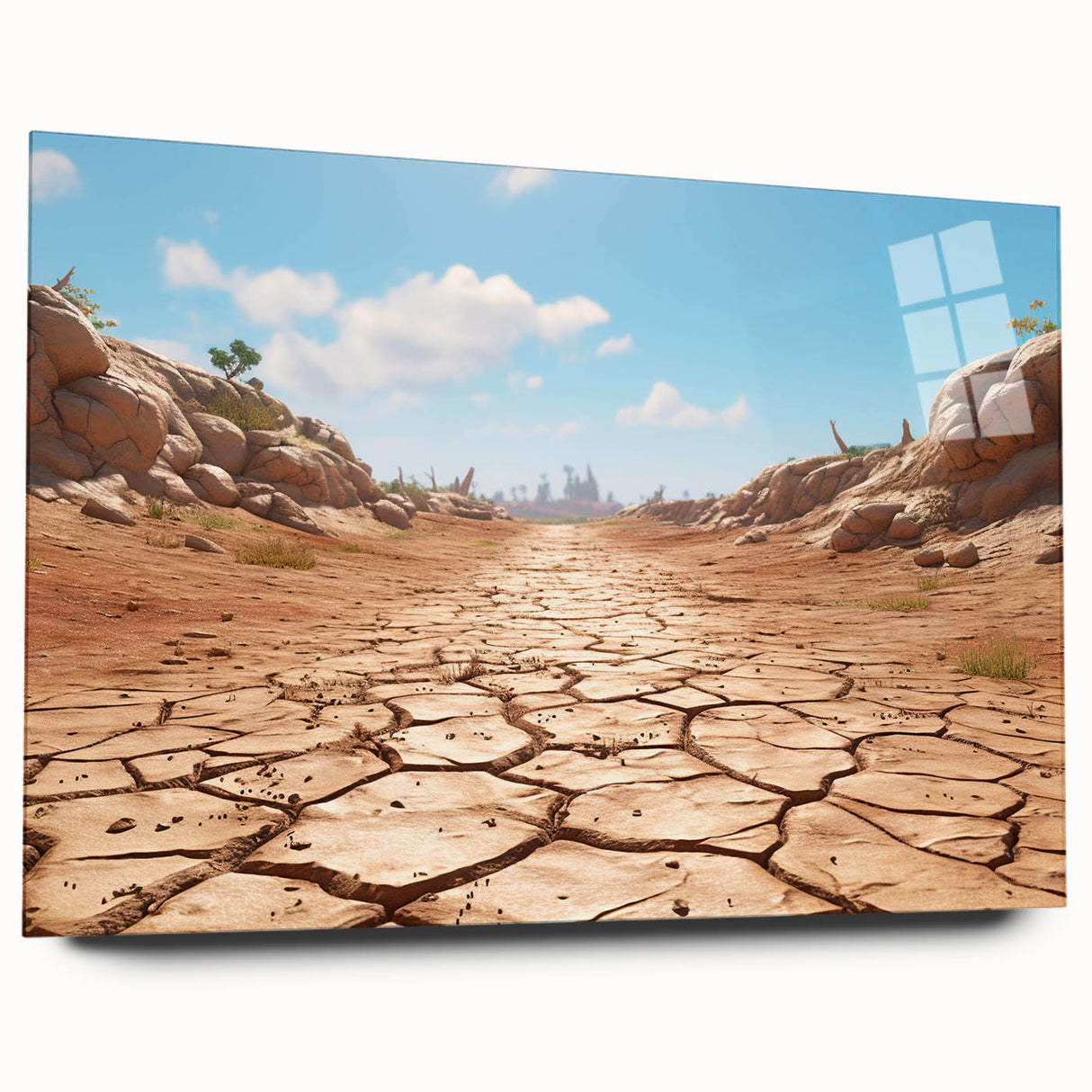 Acrylic glass wall art showcasing a stunning desert landscape design, featuring warm earth tones and intricate details, perfect for modern home decor.