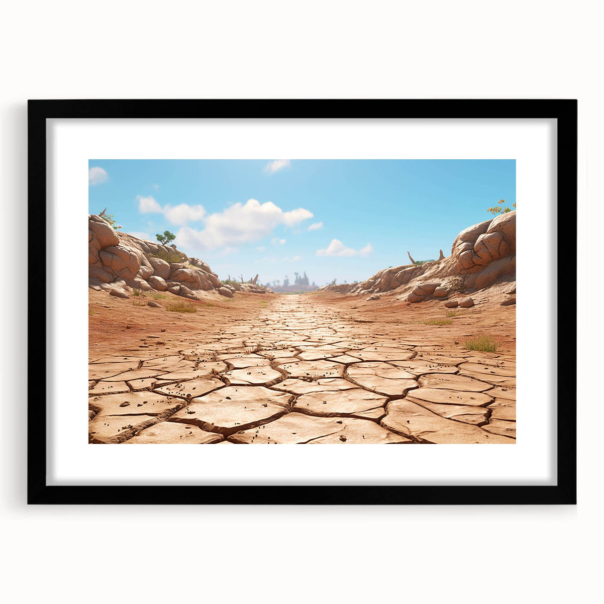 Framed wall art featuring a stunning desert landscape design, showcasing warm earth tones and intricate details, presented with a black mat and sleek frame.