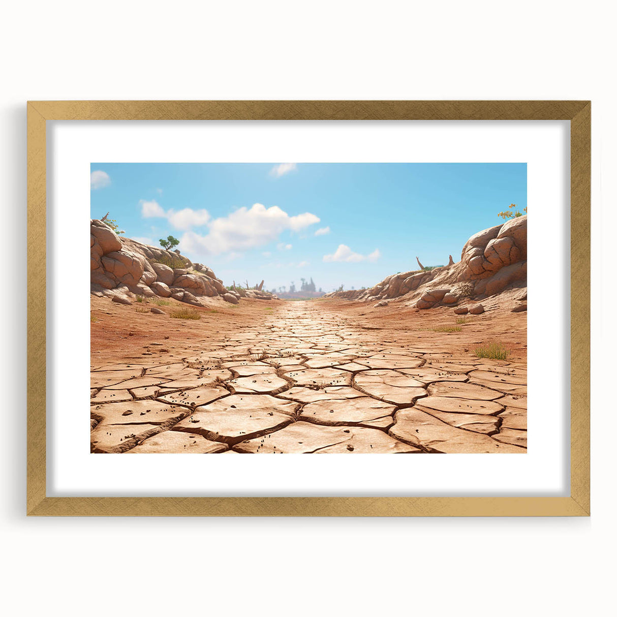 Framed wall art showcasing a stunning desert landscape design with a gold mat, ideal for home decor. Perfect for enhancing modern interiors and adding warmth.