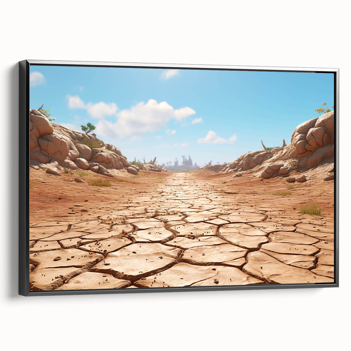 Framed canvas wall art depicting a stunning desert landscape with vibrant colors and intricate details, viewed from the side against a neutral background.