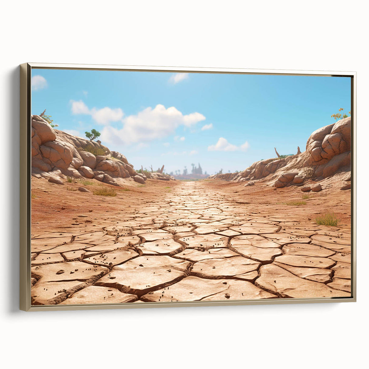 Framed canvas wall art showcasing a stunning desert landscape design with warm gold tones, ideal for home decor and enhancing interior aesthetics.