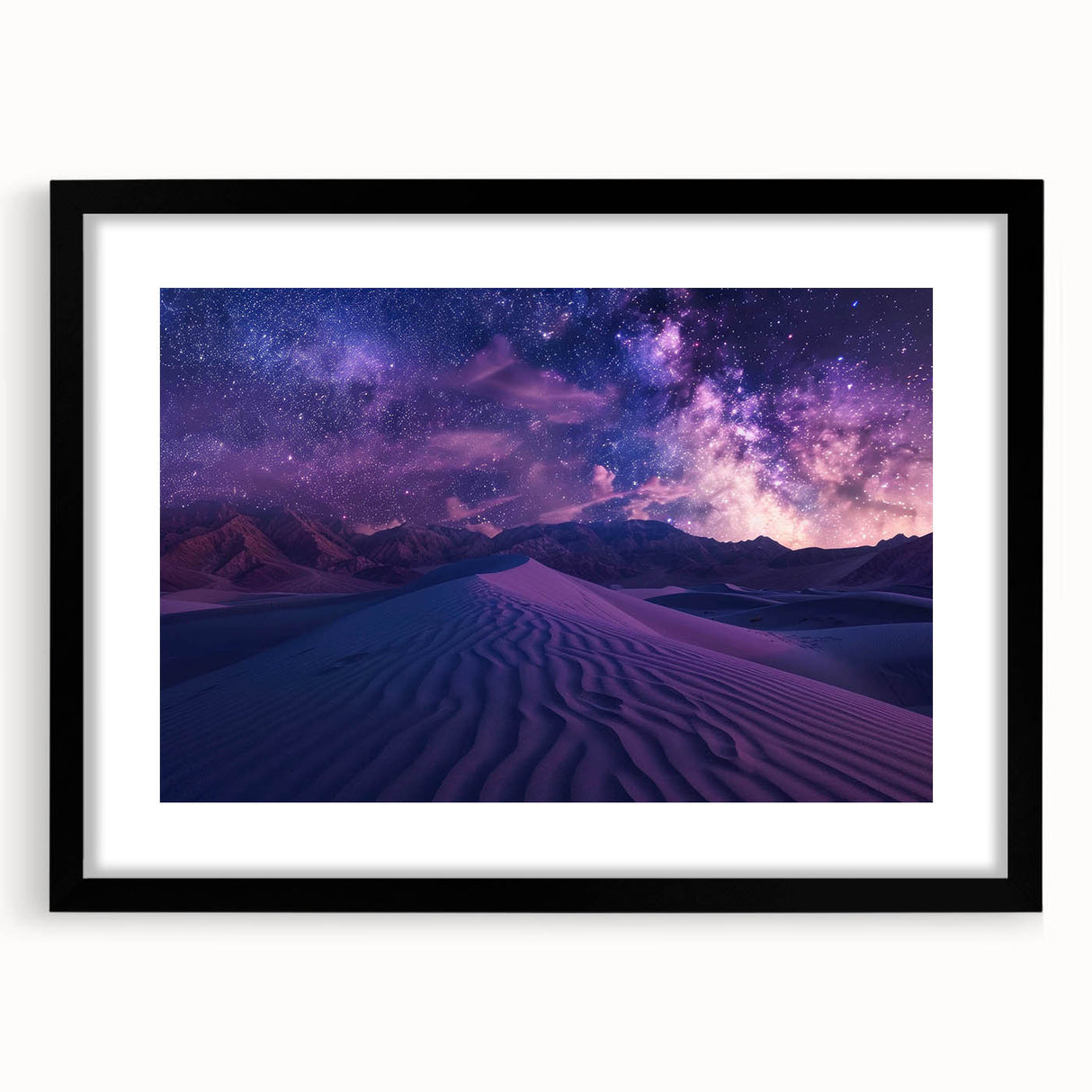 Framed wall art featuring a desert landscape design with a black mat, showcasing warm earth tones and intricate details, ideal for home décor enhancement.