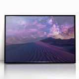 Framed acrylic wall art depicting a stunning desert landscape design with vibrant colors, black frame, and modern aesthetic, perfect for home decor.