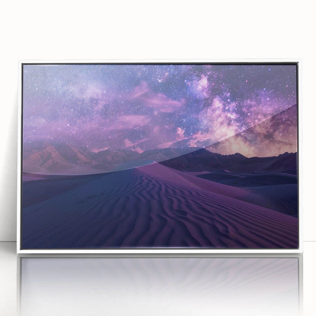 Framed acrylic wall art featuring a desert landscape design with vibrant colors and intricate details, set against a sleek white border for a modern touch.