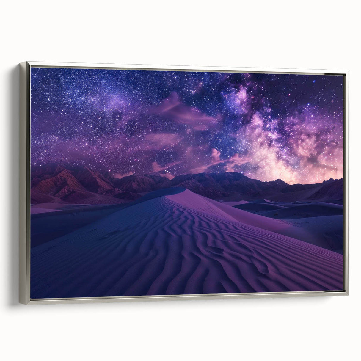 Framed canvas wall art showcasing a stunning desert landscape design, with intricate details and a silver frame, perfect for modern home decor enhancement.
