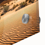 Close-up of a stunning acrylic glass wall art piece depicting a vibrant desert landscape, showcasing warm tones of orange and yellow with intricate textures, perfect for modern home decor.