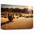Acrylic glass wall art collection showcasing a vibrant desert landscape design, featuring warm earth tones and textured details, displayed from a side view with mounting pins for easy installation.