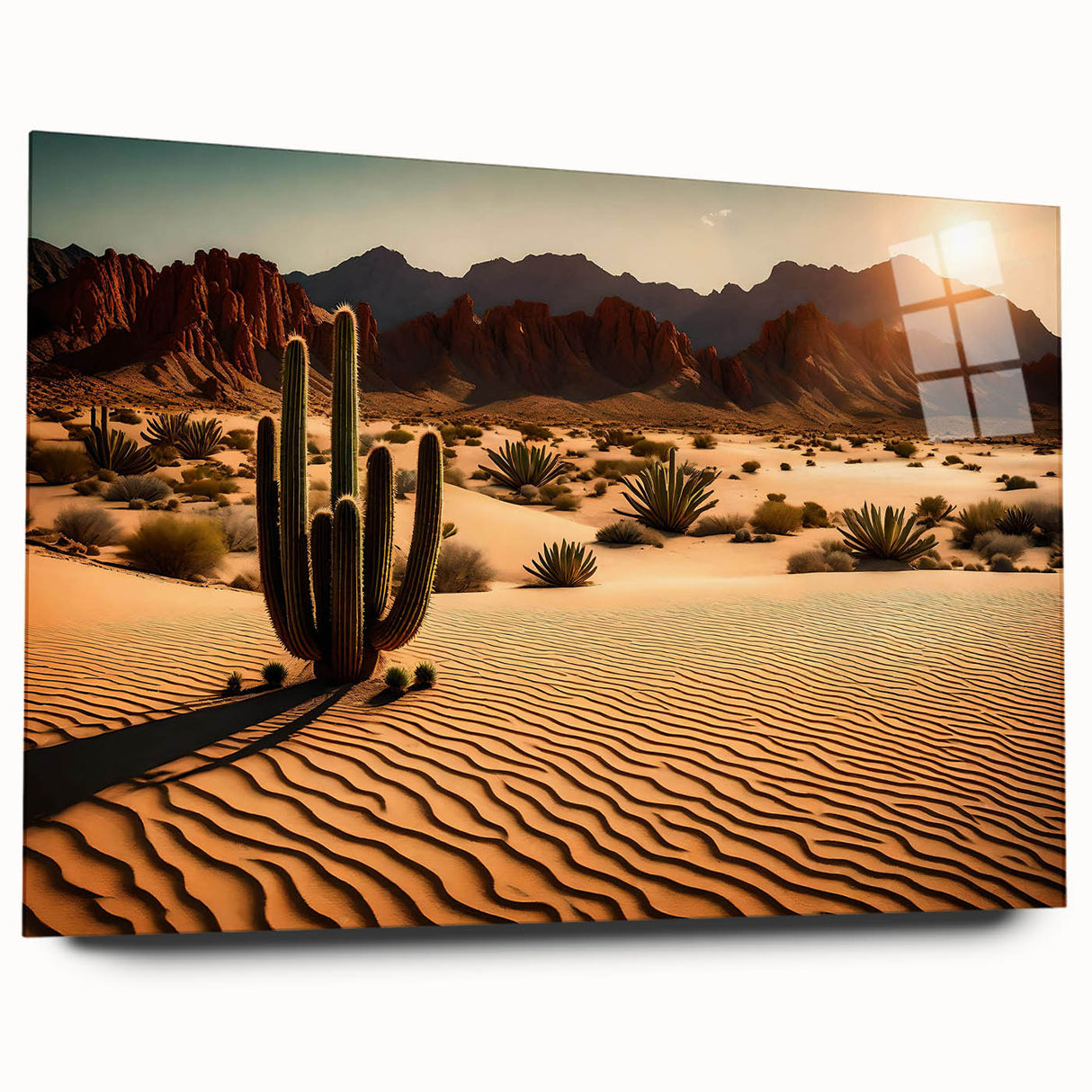 Acrylic glass wall art featuring a vibrant desert landscape design, showcasing warm tones of orange and yellow with a side view display, perfect for home decor.