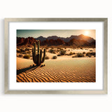 Framed wall art featuring a stunning desert landscape design, showcasing warm tones of orange and gold, elegantly matted and presented in a sleek silver frame.