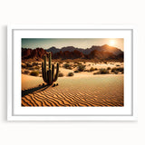 Desert landscape wall art in a white frame with matting, showcasing vibrant hues of orange and blue, ideal for modern home decor.