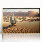 Framed acrylic wall art showcasing a vibrant desert landscape design with gold accents, perfect for modern home decor. Ideal for adding warmth and elegance to any space.