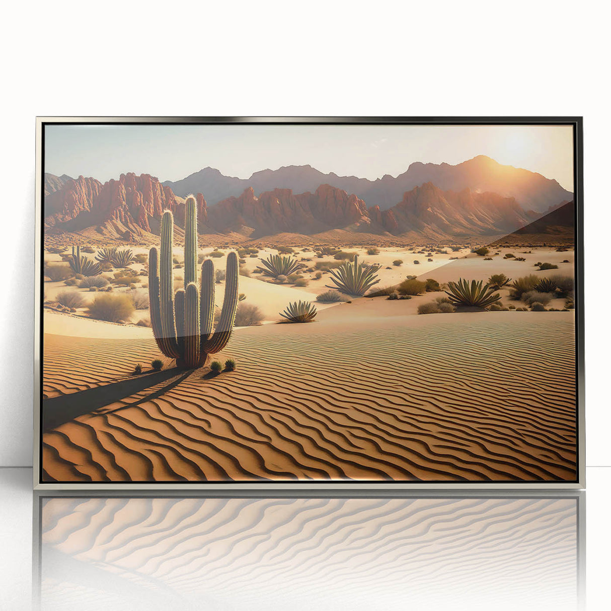 Framed acrylic wall art showcasing a desert landscape design with vibrant colors and intricate details, ideal for modern home decor. The artwork features a dramatic sunset over sand dunes, enhancing any room's aesthetic.