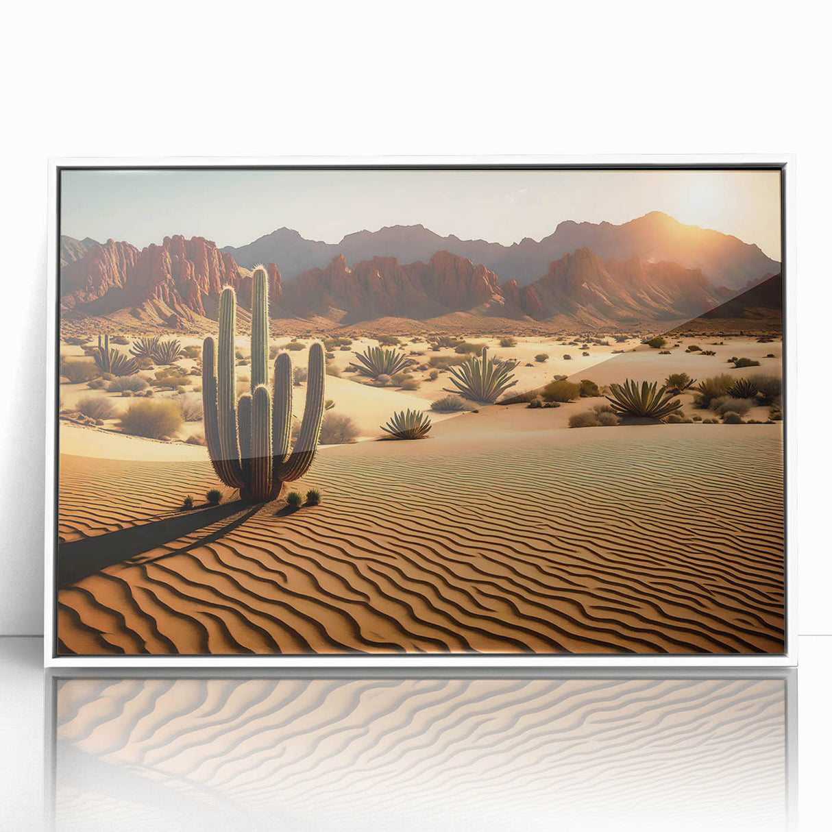 Framed acrylic wall art showcasing a stunning desert landscape design, featuring soft earth tones and intricate details, perfect for modern home decor.