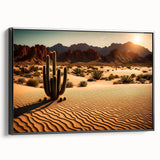Framed canvas wall art showcasing a stunning desert landscape design with vibrant colors and intricate details, displayed in a sleek black frame, enhancing modern decor.