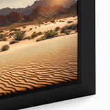 Close-up of a framed canvas artwork showcasing a vibrant desert landscape, featuring warm hues of orange and yellow with intricate details, perfect for home decor.