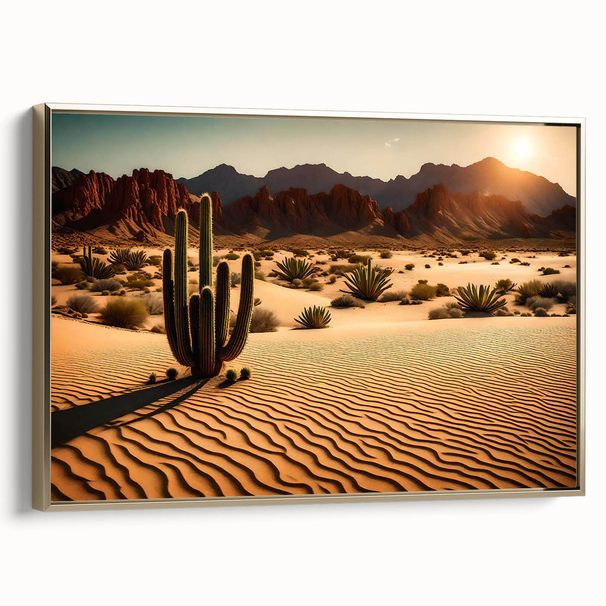 Framed canvas wall art featuring a stunning desert landscape design with golden accents, showcasing vibrant hues of orange and blue, ideal for modern home decor.