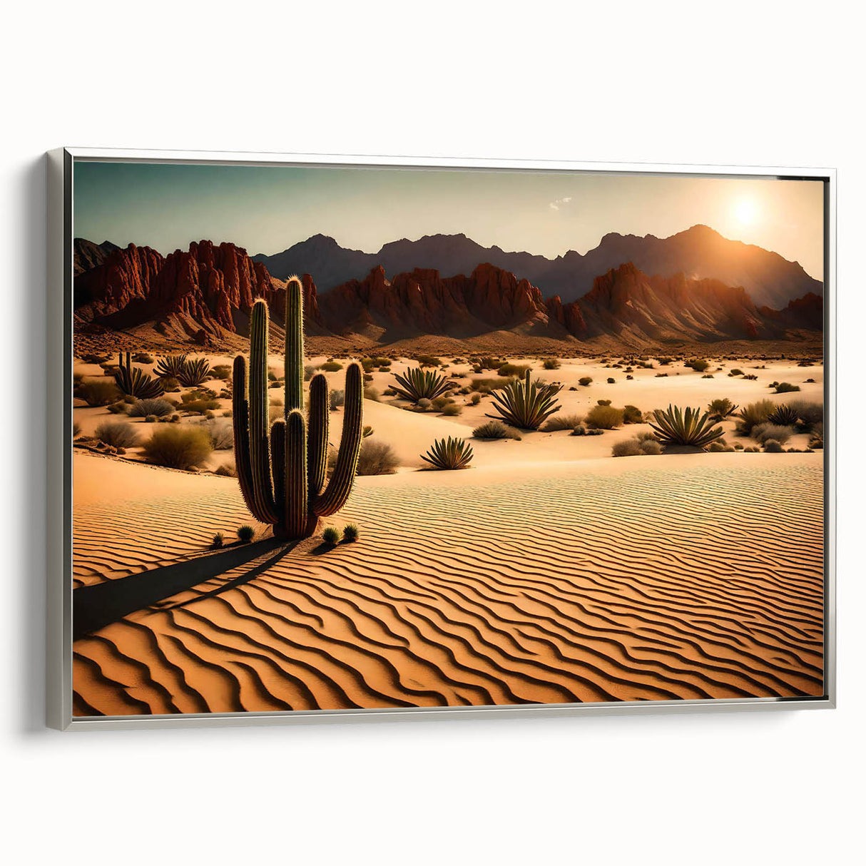 Framed canvas wall art showcasing a stunning desert landscape design with vibrant colors and intricate details, set in a sleek silver frame for modern decor.