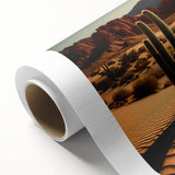 Desert landscape wall art on rolled canvas, showcasing vibrant colors and textured details, ideal for home decor, presented in protective packaging.