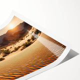 Desert-themed wall art print showcasing vibrant hues of orange and yellow with abstract landscape elements, rolled and ready for framing, ideal for modern decor.